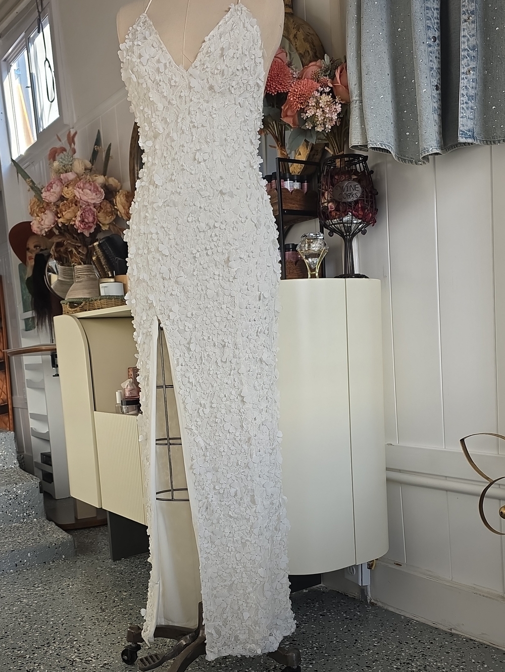 MAJORELLE White Floral Appliqué Maxi Dress with Slit